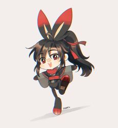 1boy :d ahoge animal_ears animal_feet animal_hands artist_name bandaid bandaid_on_face bandaid_on_nose black_fur black_hair black_hanfu blush chibi chibi_only chinese_clothes full_body furry furry_male gen_8_pokemon grey_background hair_ribbon hanfu kemonomimi_mode long_hair long_sleeves looking_at_viewer male_focus minataka94 modao_zushi nintendo open_mouth outstretched_arms pokemon ponytail rabbit_boy rabbit_ears rabbit_tail red_eyes red_fur red_ribbon red_sash ribbon robe sash scorbunny sidelocks simple_background smile solo standing standing_on_one_leg tail wei_wuxian wide_sleeves