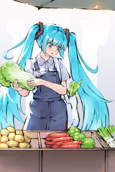 1girl absurdres bag blue_eyes blue_hair carrot collared_shirt commentary_request food hair_ornament hatsune_miku highres holding holding_bag holding_food lettuce long_hair looking_down market_stall open_mouth overalls potato shirt short_sleeves shouxs1980 solo spring_onion tote_bag twintails very_long_hair vocaloid
