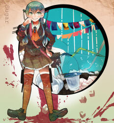 1girl ascot blood brown_jacket brown_skirt cannon collared_shirt creamer_packet cup drinking_straw finger_in_own_mouth green_hair grin hair_between_eyes hand_on_own_hip highres itomugi-kun jacket kantai_collection long_hair long_sleeves orange_ascot shirt shoes skirt smile solo string_of_flags sugar_cube suzuya_(kancolle) thighhighs