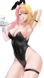 1girl absurdres animal_ears arm_behind_head armband black_leotard blonde_hair blue_eyes blush breasts cleavage cowboy_shot cup drinking_glass fake_animal_ears highleg highleg_leotard highres holding holding_tray kotoka_torahime large_breasts leotard long_hair looking_at_viewer multicolored_hair nijisanji nijisanji_en open_mouth pink_hair playboy_bunny rabbit_ears satchi_(sattytabunnhenn) skindentation solo split-color_hair strapless strapless_leotard thigh_strap tray two-tone_hair virtual_youtuber wrist_cuffs