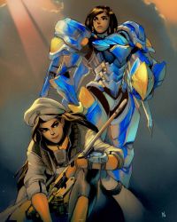 2girls aged_down alternate_costume ana_(overwatch) armor beret black_hair captain_amari cloud cloudy_sky commentary commission dark-skinned_female dark_skin david_liu english_commentary eye_of_horus hat helmet highres horus_ana long_hair mechanical_wings mother_and_daughter multiple_girls narrow_waist official_alternate_costume overwatch overwatch_1 pharah_(overwatch) power_armor sky time_paradox wings