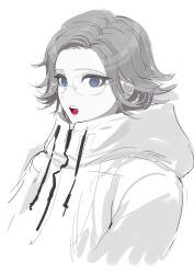1boy absurdres aotsuki_eito blue_eyes eyebrows eyelashes glasses highres hood hoodie looking_at_viewer male_focus open_mouth simple_background solo solo_focus teeth the_hundred_line_-last_defense_academy- tongue white_background white_hair