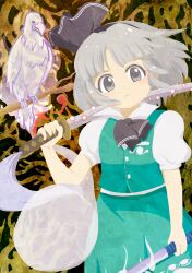1girl animal bird black_neckerchief dual_wielding ghost green_shirt green_skirt grey_eyes grey_hair highres holding holding_sword holding_weapon katana konpaku_youmu konpaku_youmu_(ghost) looking_at_viewer neckerchief puffy_short_sleeves puffy_sleeves shirt short_hair short_sleeves skirt sword takano48 touhou weapon