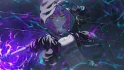 1girl braid breasts cleavage fagi_(kakikaki) fingerless_gloves gloves green_eyes hair_ornament hairpin hololive hood hood_up hooded_jacket jacket midriff open_clothes open_jacket parted_lips purple_hair solo sports_bra tokoyami_towa twin_braids upper_body v-shaped_eyebrows virtual_youtuber