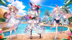 3girls airani_iofifteen airani_iofifteen_(holonatsu_paradise) animal_ears ayunda_risu ayunda_risu_(holonatsu_paradise) bag bead_bracelet beads bikini bikini_under_shorts black_collar blonde_hair blue_hair blue_sky bracelet breasts brown_hair closed_mouth cloud collar colored_inner_hair contrail criss-cross_halter cumulonimbus_cloud cup day denim denim_shorts dress eyewear_on_headwear feet fishnet_top fishnets flower food food_on_face foot_up frilled_bikini frilled_dress frilled_shirt_collar frills front-tie_bikini_top front-tie_top full_body gradient_eyes gradient_hair green_eyes green_nails grin hair_between_eyes hairband halter_shirt halterneck hand_up hat hat_flower highleg highleg_bikini holding holding_cup holding_spoon hololive hololive_indonesia holonatsu_paradise jacket jewelry kt._(kaisou-notagui) lens_flare long_hair long_sidelocks long_skirt looking_at_viewer medium_breasts midriff moona_hoshinova moona_hoshinova_(holonatsu_paradise) multicolored_eyes multicolored_hair multiple_girls nail_polish navel off_shoulder official_alternate_costume official_alternate_hairstyle official_art open_fly open_mouth outdoors paint_splatter palette_hair_ornament pearl_hair_ornament pendant_collar pink_hair pink_hairband pink_jacket pool pouch print_bikini purple_eyes purple_hair sandals shell_hair_ornament shirt shorts shoulder_bag side_slit sidelocks skirt sky sleeveless smile spoon squirrel_ears squirrel_girl squirrel_tail starfish_hair_ornament starry_hair straw_hat streaked_hair sun sun_hat sunglasses sunlight swimsuit tachi-e tail teeth thigh_pouch tongue tongue_out transparent_wings twintails two-tone_hair two-tone_hairband upper_teeth_only very_long_hair virtual_youtuber white_bikini white_dress white_hair white_hairband white_hat white_shirt white_skirt wide_brim yellow_eyes