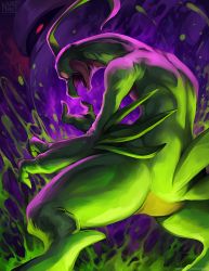 claws commentary_request from_below gen_3_pokemon grovyle legs_apart nintendo nurinaki open_mouth pokemon pokemon_(creature) red_eyes splatter standing tongue watermark yellow_eyes