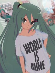 absurdres animasa_model_(mikumikudance) aqua_hair blurry blurry_background brown_eyes cel_rendering cel_shading character_doll contrapposto curious doll dutch_angle english_text flower_pot green_hair hair_between_eyes hair_ornament hairclip halftone hand_on_own_hip hatsune_miku head_tilt highres kio_(majin_kz) lens_flare looking_at_viewer messy_hair mikumikudance oversized_clothes oversized_shirt pajamas poster_(object) shirt sidelocks twintails vocaloid white_shirt window world_is_mine_(vocaloid)
