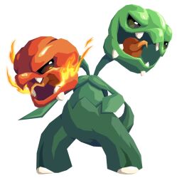 colored_skin everyp0ke fangs fire green_pepper green_skin highres multiple_heads nintendo no_humans pokemon pokemon_(creature) red_pepper scovillain solo tail