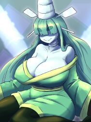 1girl breasts celesteela collarbone covered_erect_nipples gen_7_pokemon hair_ornament hair_over_one_eye hair_stick hat highres huge_breasts jewelry long_hair neck_ring nintendo off_shoulder pokemon pokemon_(creature) quarium sitting smile solo thick_eyebrows ultra_beast very_long_hair wariza