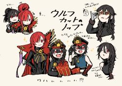 Rule 34 | 1boy, 2girls, alternate hairstyle, black bodysuit, black hair, blush, bodysuit, braid, cape, chain, collared cape, crest, family crest, fate/grand order, fate (series), glasses, gloves, goma1021, hair between eyes, hair bun, hair over one eye, hat, highres, jacket, long hair, long sleeves, looking at viewer, military hat, multiple girls, multiple views, oda kippoushi (fate), oda nobunaga (fate), oda nobunaga (maou avenger) (fate), oda uri, open mouth, peaked cap, ponytail, popped collar, red cape, red eyes, red hair, round eyewear, shirt, simple background, smile, twin braids, white background
