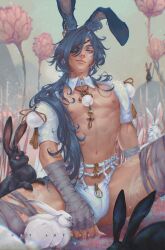 1boy abs animal_ears artistdkt bandaged_arm bandages bare_pectorals blue_hair crotch_zipper dark-skinned_male dark_skin detached_sleeves earrings easter eyepatch genshin_impact highres jewelry kaeya_(genshin_impact) long_hair male_focus nipples panties pectorals rabbit rabbit_ears solo thick_thighs thighs underwear zipper