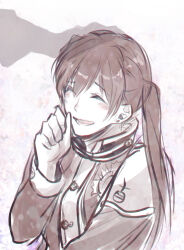 1girl abstract_background badge black_order_uniform blush brown_theme buttons clenched_hand closed_eyes collared_jacket cross d.gray-man earrings facing_to_the_side gradient_background hair_between_eyes hand_up headpat highres jacket jewelry komui_lee lenalee_lee long_hair long_sleeves niima_(n_maru222) open_mouth purple_background shadow_hands sidelocks smile solo striped_clothes striped_jacket stud_earrings twintails vertical-striped_clothes vertical-striped_jacket white_background white_stripes