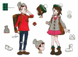 Rule 34 | 1boy, 1girl, absurdres, backpack, bag, beanie, boots, brown eyes, brown footwear, brown hair, cardigan, concept art, denim, dress, gloria (pokemon), green headwear, green legwear, grey cardigan, hat, highres, holding, holding poke ball, jeans, nintendo, official art, open mouth, pants, pink dress, poke ball, poke ball (basic), pokemon, pokemon swsh, red shirt, reference sheet, scan, shirt, shoes, short hair, sleeves rolled up, smile, socks, suitcase, tam o&#039; shanter, translation request, victor (pokemon)