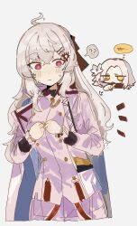 2girls absurdres aug_(girls&#039;_frontline) blush closed_mouth dress flower girls&#039;_frontline hair_flower hair_ornament highres iws_2000_(girls&#039;_frontline) jacket long_hair long_sleeves multiple_girls odmised red_eyes shirt white_dress white_flower white_hair white_shirt