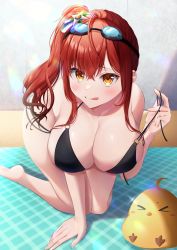 &gt;_&lt; 1girl :q all_fours azur_lane bikini black_bikini bra goggles goggles_on_head hair_between_eyes highres italian_flag leaning_forward looking_at_viewer manjuu_(azur_lane) multi-strapped_bikini multiple_straps nagura_shiro o-ring o-ring_bikini official_alternate_costume open_bra orange_eyes red_hair shiny_skin side_ponytail solo swimsuit tongue tongue_out underwear untied_bikini zara_(azur_lane) zara_(poolside_coincidence)_(azur_lane)
