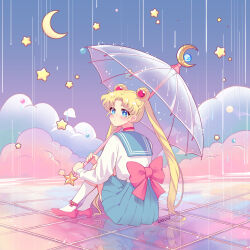 1girl artist_name bishoujo_senshi_sailor_moon blonde_hair blue_eyes blue_sailor_collar blue_skirt blush bow cloud collared_shirt commentary crescent_moon english_commentary eyelashes full_body highres holding holding_umbrella long_hair looking_back lost-lily88 moon pink_bow pink_shoes rain reflective_surface sailor_collar school_uniform serafuku shirt shoes sitting skirt socks solo star_(symbol) transparent transparent_umbrella tsukino_usagi twintails umbrella white_shirt white_socks