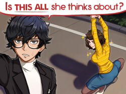 Rule 34 | 1boy, 1girl, amamiya ren, arms up, black-framed eyewear, black hair, black jacket, blazer, brown hair, commentary, english commentary, english text, glasses, hair between eyes, highres, jacket, kawakami sadayo, long sleeves, looking at viewer, medium hair, neggoartz, persona, persona 5, shadow, shirt, shoes, short hair, smirk, smug, spread legs, squatting, turtleneck, white shirt, white shoes, yellow shirt