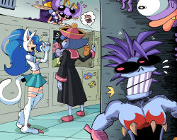 1boy 3girls animal_ears blue_hair breasts cat_ears cat_tail chocolate closed_eyes felicia_(darkstalkers) highres kevin_arthur hsien-ko mei-ling_(darkstalkers) medium_breasts multiple_girls purple_hair q-bee red_eyes school_uniform skirt sscholl tail teeth topless_male darkstalkers white_fur lord_raptor zombie