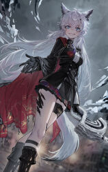 1girl :d absurdres animal_ears arknights black_boots black_gloves black_jacket black_skirt blue_eyes blurry blurry_background boots cape crossed_bangs feet_out_of_frame gloves grin hair_between_eyes high-waist_skirt highres holding jacket knee_boots kokukyukeo lappland_(arknights) lappland_the_decadenza_(arknights) long_hair looking_at_viewer material_growth open_mouth oripathy_lesion_(arknights) outdoors red_cape sharp_teeth skirt smile solo standing tail teeth white_hair white_tail wolf_ears wolf_girl wolf_tail