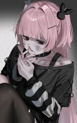 1girl akanei6no_sora black_collar black_pantyhose blood blood_on_face bruise bruise_on_face bruise_on_shoulder chain collar commission gradient_background hair_ornament hairclip half-closed_eyes highres injury layered_sleeves long_hair nail_polish nosebleed original pantyhose parted_lips pink_hair pink_nails rabbit_hair_ornament red_eyes simple_background skeb_commission solo striped_sleeves sweat torn_clothes torn_pantyhose two_side_up very_long_hair