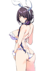 Rule 34 | 1girl, absurdres, animal ears, ass, bare shoulders, bikini, black hair, blush, braid, breasts, butt crack, detached collar, elsa granhilte, facing away, frilled bikini, frills, hand on own thigh, highres, large breasts, leotard, long hair, looking at viewer, playboy bunny, playboy bunny bikini, purple eyes, rabbit ears, re:zero kara hajimeru isekai seikatsu, sideboob, solo, string bikini, swimsuit, ve666ve, white background, white bikini, wrist cuffs