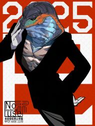 1boy 2025 black_sclera black_suit chinese_zodiac colored_sclera cowboy_shot dated formal_clothes furry furry_male hand_on_own_hip hand_to_own_mouth hand_up highres looking_at_viewer male_focus no_shirt original red_background sammy_(freezingsammy) snake_boy solo suit toned toned_male white_eyes year_of_the_snake