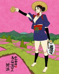 1girl absurdres barefoot black_hair blue_kimono breasts cleavage commentary english_commentary full_body hair_bun highres hill japanese_clothes kimono landscape looking_to_the_side niigata_prefecture obi original outdoors red_sash rice_paddy sash sei5osuzuki short_kimono solo standing