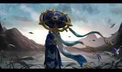 1boy animal animal_on_shoulder animal_print aqua_sleeves arm_at_side bird bird_on_shoulder bird_print black_border blue_cape blue_hat blue_sky border bridal_gauntlets cape cloud cloudy_sky dawn falling_leaves finch from_behind furisode genshin_impact gold gradient_sleeves grass hat hidu713 highres japanese_clothes jingasa kimono lake leaf letterboxed looking_up male_focus mountain mountainous_horizon open_hand scaramouche_(genshin_impact) sky solo standing sunrise tilted_headwear wanderer_(genshin_impact) white_kimono white_sleeves white_trim