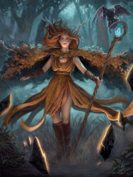 1girl absurdres artist_name boots brown_boots brown_dress brown_gloves brown_hair bush critical_role crown dress dungeons_&amp;_dragons fantasy fingerless_gloves forest gloves green_eyes highres holding holding_staff keyleth_(critical_role) leaf leaf_cape leaf_clothing long_hair looking_at_viewer nature olivia_hintz outdoors plant_clothing signature sleeveless sleeveless_dress solo staff tree watermark web_address