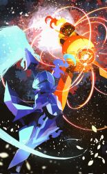 arm_blade arm_cannon armarouge armor black_background blue_fire ceruledge fire flaming_sword flaming_weapon nintendo pokemon pokemon_(creature) powering_up purple_armor sword trait_connection weapon yellow_armor zeroartwo