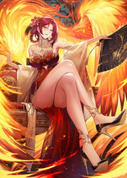 1girl absurdres bare_shoulders bird blush braid braided_hair_rings breasts china_dress chinese_clothes cleavage_cutout clothing_cutout commentary crossed_legs dress earrings english_commentary fire flower grand_archive hair_flower hair_ornament hair_rings hanabi_(grand_archive) hand_fan high_heels highres holding holding_fan jewelry large_breasts looking_at_viewer mature_female nr_noir print_dress red_dress red_eyes red_hair sitting smile solo thighs
