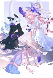 1boy 1girl absurdres ahoge alternate_costume black_cloak blue_dress blue_eyes boots broom broom_riding chinese_commentary cloak commentary_request cyrene_(honkai:_star_rail) demon_horns demon_tail demon_wings dress eucalyptus-household hat high_heel_boots high_heels highres honkai:_star_rail honkai_(series) horns looking_at_another medium_hair phainon_(honkai:_star_rail) pink_hair short_hair tail white_hair wings witch witch_hat