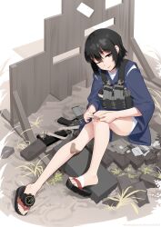 1girl absurdres ammunition_pouch bandaid bandaid_on_knee bandaid_on_leg black_hair black_sandals blue_kimono character_request commentary full_body grey_eyes gun_sling hair_between_eyes half-closed_eye highres japanese_clothes kimono long_sleeves nusisring_tactical one_eye_closed parted_lips pouch sandals scrape scraped_knee sitting solo vectorek watch weapon_request white_background wide_sleeves zouri