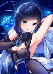 1girl arm_behind_head armpits asymmetrical_gloves bare_shoulders black_hair blue_hair bob_cut breasts cleavage diagonal_bangs dice feather-trimmed_jacket fur_trim genshin_impact gloves glowing green_eyes highres large_breasts looking_at_viewer makaroni_(makaroni_kana) mole mole_on_breast parted_lips short_hair smile solo yelan_(genshin_impact)