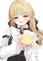 1girl bird bird_on_hand black_skirt blonde_hair brooch collared_shirt detached_sleeves earrings gem gradient_hair half-closed_eyes high-waist_skirt highres jewelry kogara_toto kogara_toto_(gothic) looking_at_viewer low_twintails multicolored_hair open_mouth red_eyes red_gemstone shirt shirt_tucked_in simple_background skirt sleeveless sleeveless_shirt solo suspenders syurimp twintails upper_body virtual_youtuber vspo! white_background yellow_bird