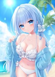 1girl artist_name bare_shoulders beach bikini blue_eyes blue_hair blue_jacket blue_sky blush breasts cleavage cloud collarbone commentary_request cowboy_shot day frilled_bikini frills hand_up highres jacket long_hair looking_at_viewer medium_breasts navel off_shoulder original outdoors palm_tree sky solo stardrop stomach sunlight swimsuit tree very_long_hair water white_bikini