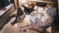 2girls absurdres animal_ears arm_tattoo black_thighhighs blouse can chrisdasa closed_eyes eyepatch food fox_ears highres hip_tattoo holding holding_food holding_pizza horns multiple_girls open_mouth orange_eyes orange_hair original pizza radio shirt tattoo teeth thighhighs tongue white_hair