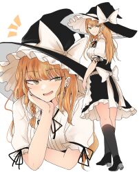 1girl black_footwear black_headwear black_skirt blonde_hair bow closed_mouth collared_shirt ear_piercing frilled_skirt frills grey_eyes hat hat_bow high_heels highres kirisame_marisa long_hair multiple_views necro_(nekurodayo) one_eye_closed open_mouth piercing shirt short_sleeves simple_background skirt smile touhou white_background white_bow white_shirt witch_hat
