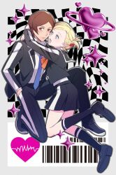 Rule 34 | 1boy, 1girl, barcode, black jacket, black pants, black shoes, black skirt, black socks, blazer, blonde hair, blue eyes, blue necktie, brown hair, checkered background, closed mouth, collared shirt, commentary request, full body, grey background, hand in pocket, heart, hetero, highres, hug, jacket, kneehighs, lisa silverman, long sleeves, looking at another, looking to the side, minami (qibara), necktie, open mouth, pants, persona, persona 2, pleated skirt, red eyes, school uniform, seven sisters high school uniform, shirt, shoes, short hair, simple background, skirt, smile, socks, sparkle, suou tatsuya, white shirt