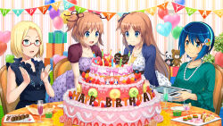 4girls :d absurdres balloon birthday birthday_cake birthday_party black_dress blonde_hair blue_eyes blue_hair blush box breasts brown_hair cake candle character_name claudia_madobe dress earrings english_text food fruit gift gift_box glasses green_dress hair_ornament happy_birthday heart highres holding holding_gift indoors jewelry long_hair madobe_ai madobe_nanami madobe_yuu microsoft_windows multiple_girls necklace official_art official_wallpaper open_mouth os-tan personification plant plate short_hair siblings side_ponytail single_earring sisters small_breasts smile strawberry stuffed_animal stuffed_toy tablet_pc windows_7 windows_8 windows_azure