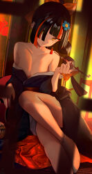 1girl absurdres black_hair blunt_bangs bow choya_hanabi earrings eyeliner facial_mark hair_bow highres japanese_clothes jewelry kimono kiseru makeup multi-tied_hair multicolored_hair naikon ponytail red_bow red_eyeliner smoking_pipe solo streaked_hair undressing virtual_youtuber vspo! yellow_eyes