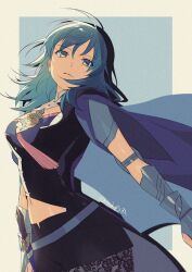 Rule 34 | 1girl, blue eyes, blue hair, bodice, breasts, bustier, cape, closed mouth, clothing cutout, dagger, female byleth (fire emblem), fire emblem, fire emblem: three houses, hair between eyes, highres, knife, long hair, looking at viewer, mkpj32, navel, navel cutout, nintendo, pantyhose, pantyhose under shorts, patterned legwear, print pantyhose, shorts, solo, vambraces, weapon