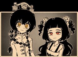 1boy 1girl :3 atomykymota bow braid brother_and_sister chinese_clothes drill_hair flower guan_hat hair_between_eyes hair_bow hair_flower hair_ornament hanfu highres jewelry limbus_company long_hair mian_guan necklace nemlei_(style) parody project_moon qixiong_ruqun red_eyes short_bangs siblings style_parody tangzhuang the_coffin_of_andy_and_leyley twin_drills xue_baochai_(project_moon) xue_pan_(project_moon) yellow_eyes