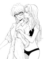 2girls bra closed_mouth coffee_mug collared_shirt commentary_request cowboy_shot cup earrings greyscale holding holding_cup jewelry long_hair looking_at_another meitantei_conan miyano_shiho monochrome mug multiple_girls mutsu_(layergreen) open_mouth panties shirt short_hair stud_earrings sweatdrop underwear underwear_only vermouth_(meitantei_conan) yuri