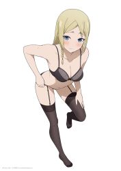1girl absurdres black_bra black_panties black_thighhighs blonde_hair blue_eyes blush bra braid breasts closed_mouth coro_fae hayasaka_ai highres kaguya-sama_wa_kokurasetai_~tensai-tachi_no_renai_zunousen~ long_hair medium_breasts navel panties simple_background single_braid solo standing standing_on_one_leg thighhighs underwear white_background