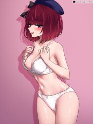1girl absurdres arima_kana artist_name beret blue_hat blush bra hat highres looking_at_viewer nipples oshi_no_ko panties red_eyes red_hair riro_(breakthrough_rr) simple_background standing underwear underwear_only white_bra white_panties