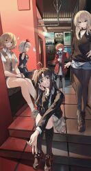 5girls absurdres ahoge aqua_eyes arm_support awa_subaru belt black_dress black_hair black_jacket black_pantyhose black_shoes black_sweater blazer blunt_bangs bow braid brown_eyes brown_hair brown_shoes brown_vest chair chipped_paint closed_mouth clothing_cutout coat collared_shirt dress ebizuka_tomo expressionless folding_chair fr-ee-dom girls_band_cry green_eyes grey_hair grey_skirt grin hair_between_eyes hair_bow hair_ribbon hairband hand_on_own_hip head_rest head_tilt highres indoors iseri_nina jacket kawaragi_momoka long_hair long_sleeves looking_at_viewer looking_to_the_side low_twin_braids multiple_girls open_clothes open_coat pantyhose parted_bangs plaid_clothes plaid_skirt poster_(object) purple_eyes red_coat red_eyes ribbon rupa_(girls_band_cry) shirt shoes short_hair short_shorts short_sleeves shorts shoulder_cutout sitting skirt smile standing sunglasses sweater tile_floor tiles twin_braids unworn_eyewear vest white_belt white_shirt