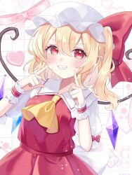 1girl absurdres ascot blonde_hair blush bow collared_shirt commentary_request crystal crystal_wings flandre_scarlet frilled_shirt_collar frills grin hat heart highres long_hair looking_at_viewer mob_cap multicolored_wings one_side_up pointy_ears puffy_short_sleeves puffy_sleeves red_bow red_eyes red_skirt red_vest shirt short_sleeves skirt skirt_set sleeve_bow smile solo touhou vest watermark white_hat white_shirt wings wrist_cuffs yellow_ascot yogiri_miri