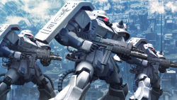 3d armor building city cityscape colony_interior comic_panel_redraw derivative_work gihren_ansatsu_keikaku glowing glowing_eyes gun gundam gundam_the_plot_to_assassinate_gihren highres holding holding_gun holding_weapon joints looking_ahead machine_gun mecha no_humans one-eyed photoshop_(medium) realistic red_eyes robot robot_joints s.hasegawa science_fiction shade weapon zaku zaku_ii zaku_ii_fz_kai zeon