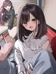 1boy 1girl 2girls :d black_shirt blush breasts brown_eyes brown_hair brown_skirt collared_shirt commentary_request couch frilled_shirt_collar frills grey_skirt highres holding holding_microphone indoors karaoke large_breasts long_hair long_sleeves looking_at_viewer microphone multiple_girls nail_polish on_couch open_mouth original osana_manaka osana_naruka pentagon_(railgun_ky1206) pink_nails plaid_clothes plaid_skirt pleated_skirt puffy_long_sleeves puffy_sleeves shirt siblings sisters skirt sleeves_past_wrists smile sweat table v-shaped_eyebrows very_long_hair white_shirt